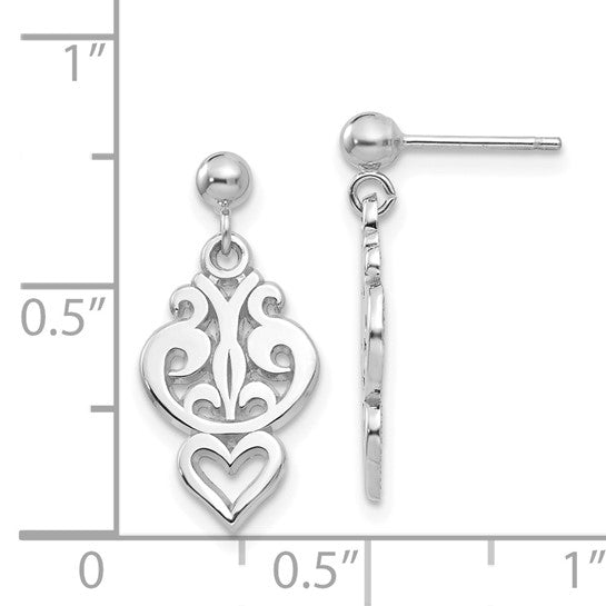 14kt White Gold Filigree Heart Dangle Earrings