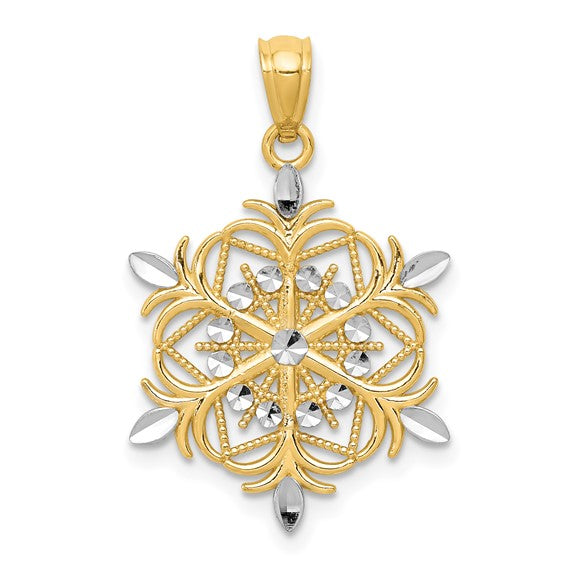 14kt w/ Rhodium Diamond-cut Snowflake Pendant