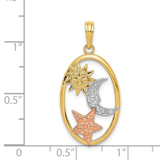 14kt Two-tone w/White Rhodium Sun, Moon and Star Oval Pendant