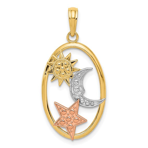 14kt Two-tone w/White Rhodium Sun, Moon and Star Oval Pendant