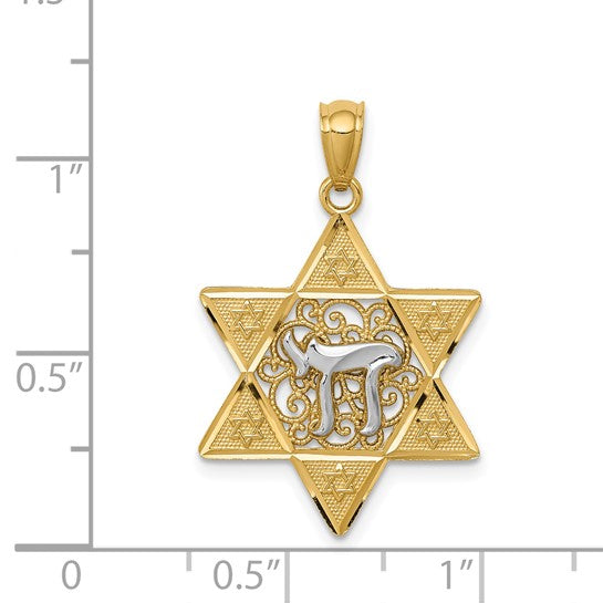 14kt Two-tone Gold Polished Star of David w/Chai Pendant
