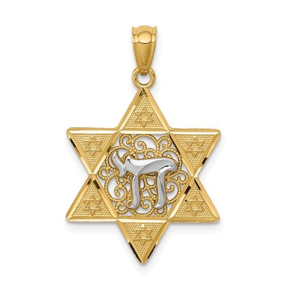 14kt Two-tone Gold Polished Star of David w/Chai Pendant