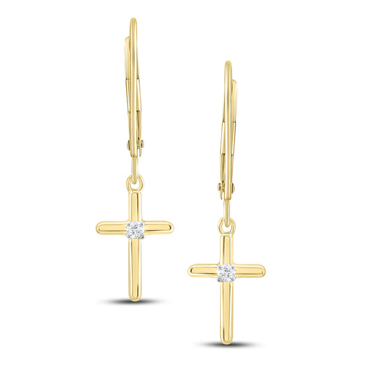 14kt Yellow Gold 0.05 CTW Diamond Cross Dangling Hoop Earring