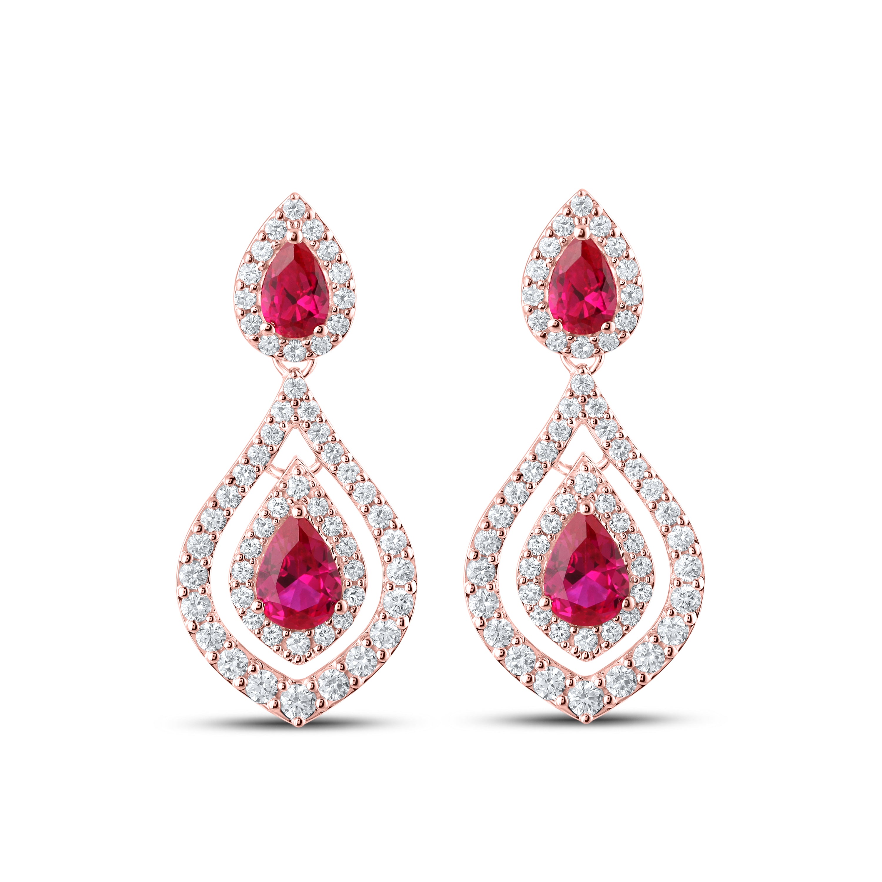 14KT ROSE GOLD LAB CREATED RUBY 1.50 CTW DIAMOND EARRINGS
