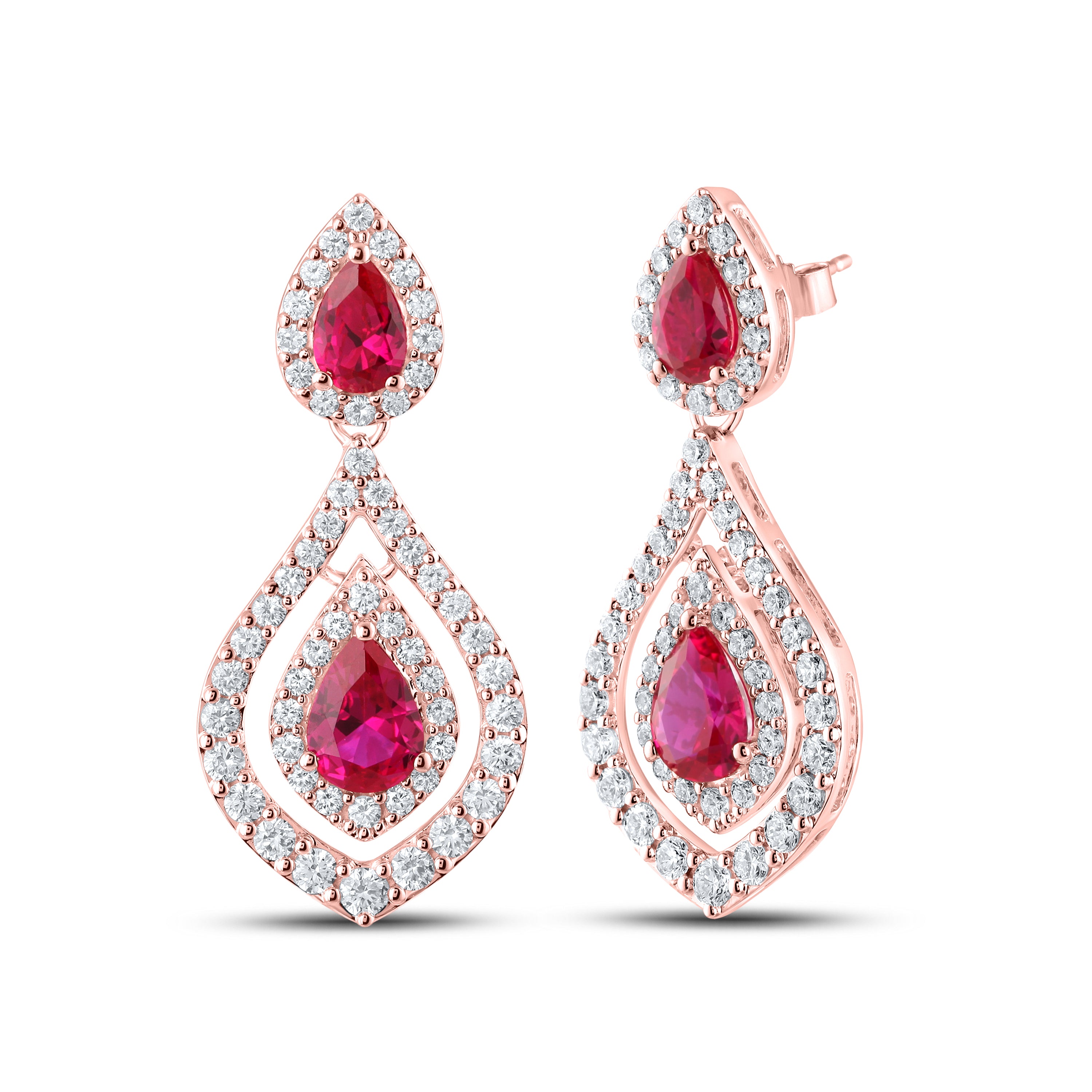 14KT ROSE GOLD LAB CREATED RUBY 1.50 CTW DIAMOND EARRINGS