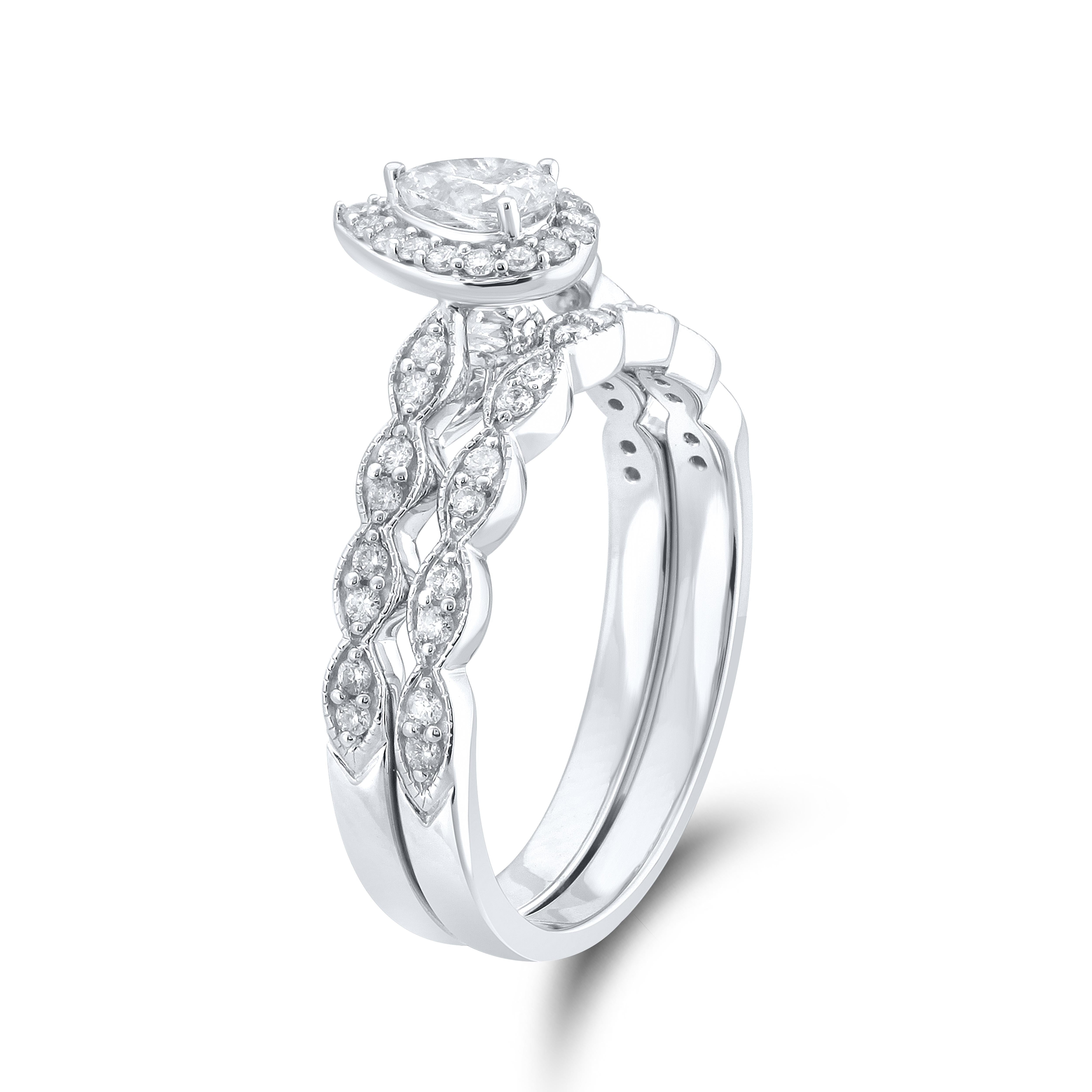 14k White Gold 0.52 CTW Natural Diamond Pear Shape Bridal Ring set