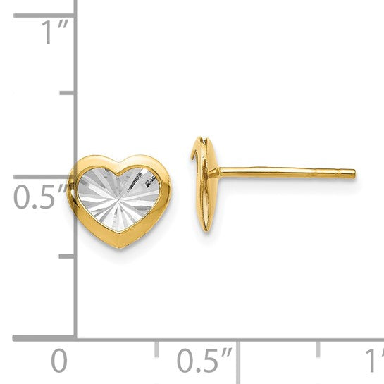 14KT Yellow Gold w/White Rhodium Polished and D/C Heart Post Earrings