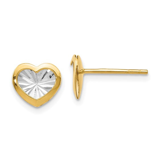 14KT Yellow Gold w/White Rhodium Polished and D/C Heart Post Earrings
