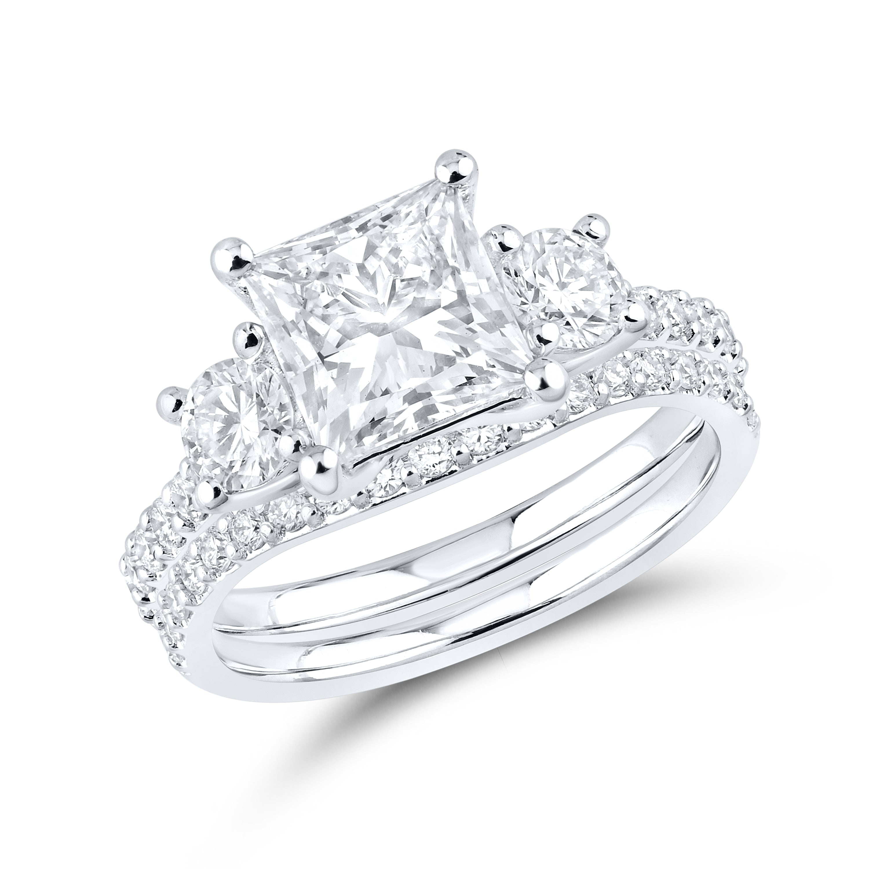 14KT WHITE GOLD 3 CTW PRINCESS AND ROUND SHAPE LAB DIAMOND BRIDAL SET