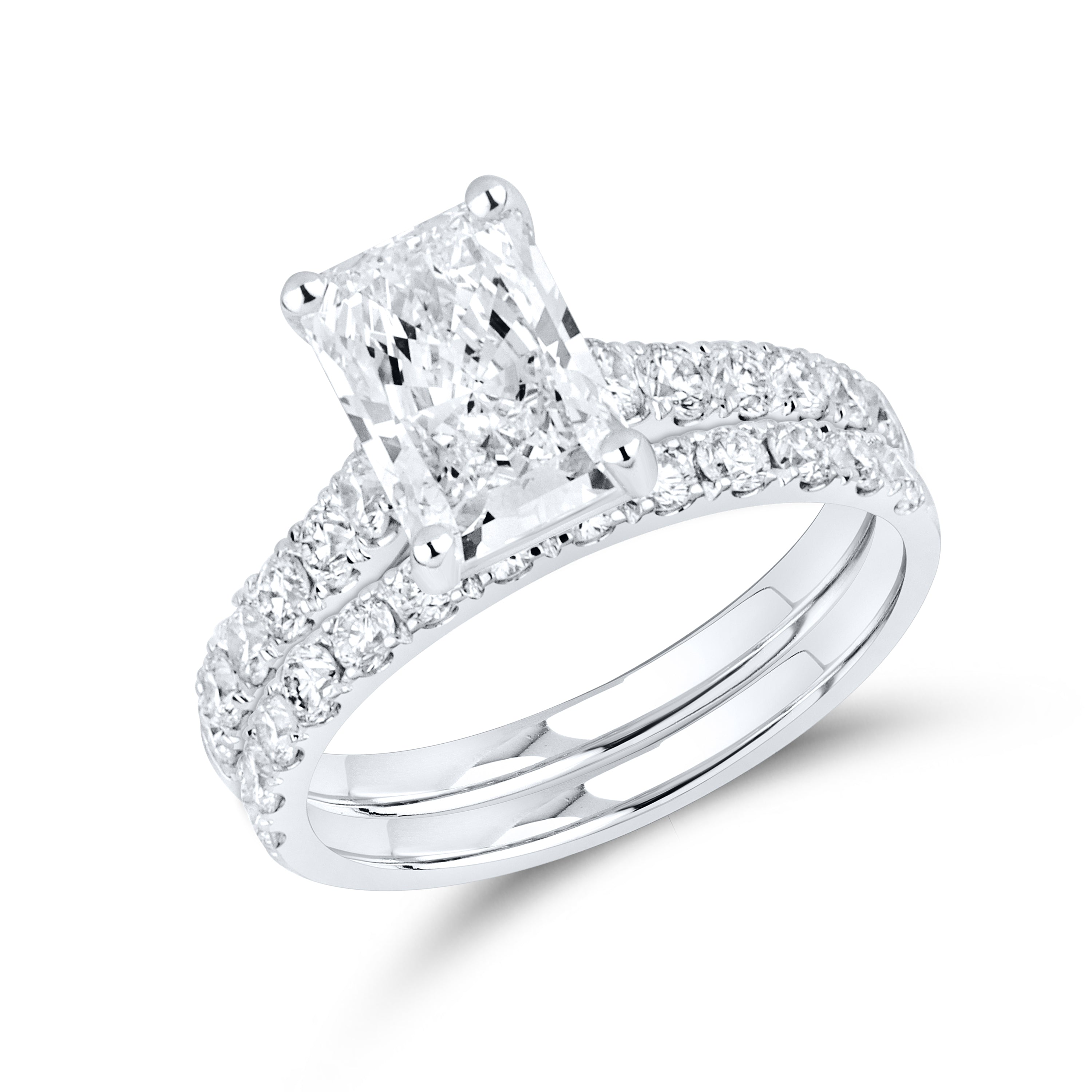 14kt White Gold 3 CTW Radiant Shape Lab Diamond Bridal Ring Set