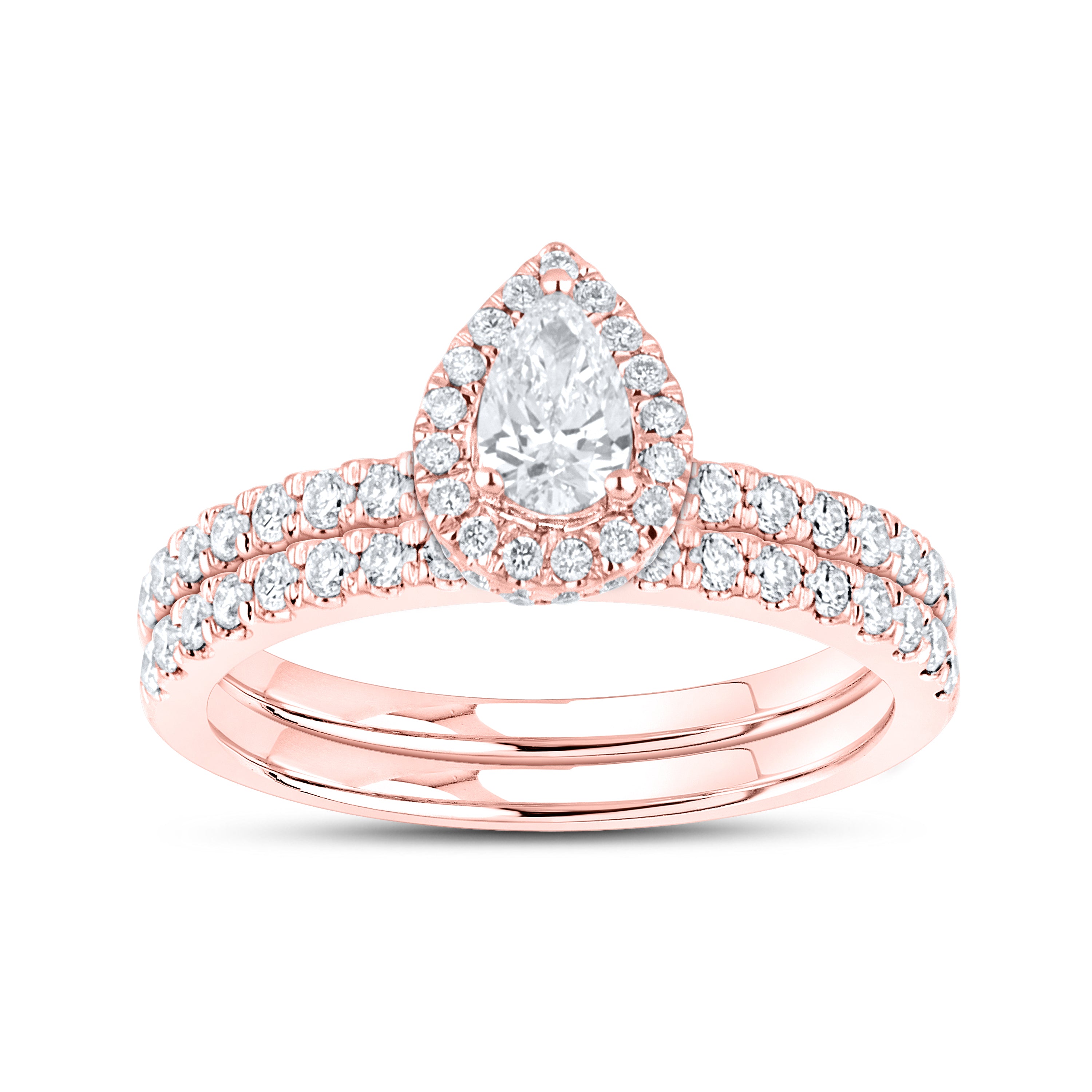 14KT ROSE GOLD 1 CTW PEAR SHAPE LAB DIAMOND BRIDAL RING SET