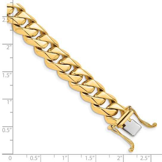 14KT Yellow Gold 8 inch 11mm Hand Polished Fancy Traditional Link with Box Catch Clasp Bracelet