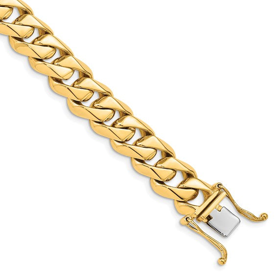 14KT Yellow Gold 8 inch 11mm Hand Polished Fancy Traditional Link with Box Catch Clasp Bracelet