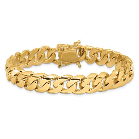 14kt Yellow Gold 8 inch 10.8mm Hand Polished Rounded Curb Link with Box Catch Clasp Bracelet
