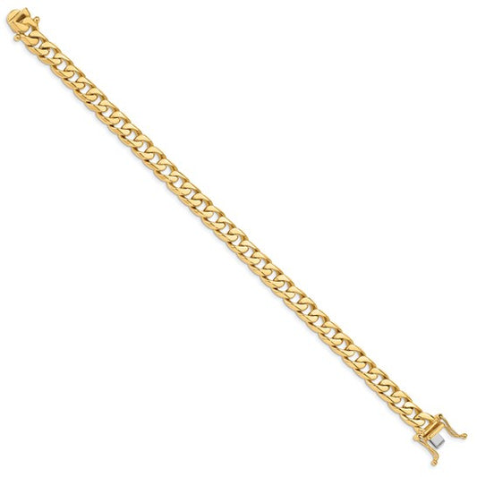 14KT Yellow Gold 8 inch 7.5mm Hand Polished Flat Beveled Curb Link with Box Catch Clasp Bracelet