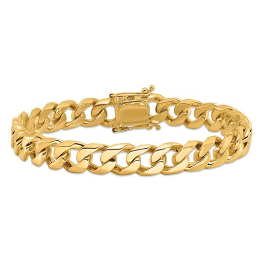 14kt Yellow Gold 8 inch 9.7mm Hand Polished Flat Beveled Curb Link with Box Catch Clasp Bracelet