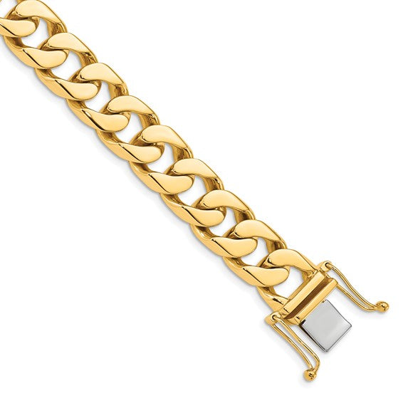 14kt Yellow Gold 8 inch 12mm Hand Polished Flat Beveled Curb Link with Box Catch Clasp Bracelet