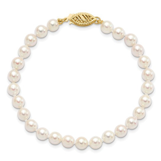14kt Yellow Gold 5-6mm White Round Akoya Saltwater Cultured Pearl 7 inch Bracelet