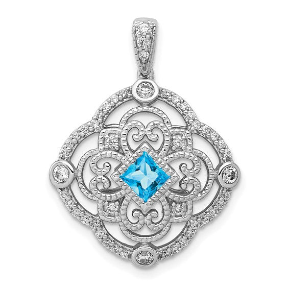14kt White Gold Diamond and .39 Blue Topaz Fancy Pendant