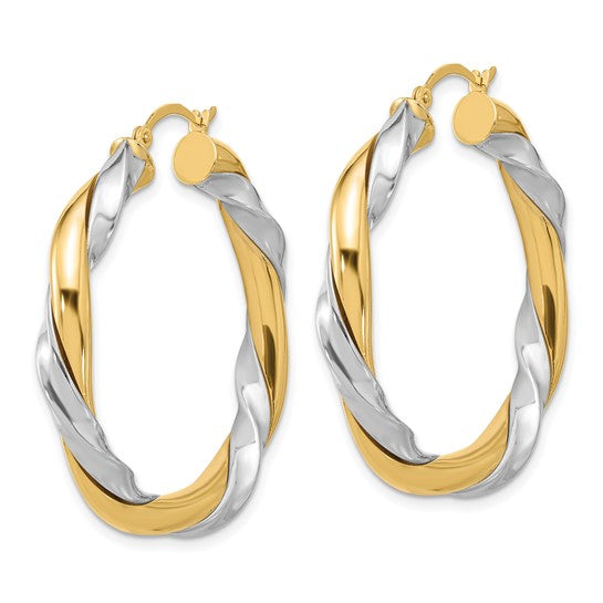 14kt Yellow Gold w/White Rhodium Twisted Hoop Earrings