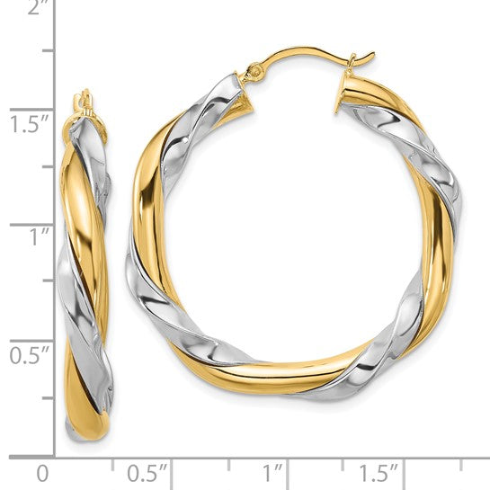 14kt Yellow Gold w/White Rhodium Twisted Hoop Earrings