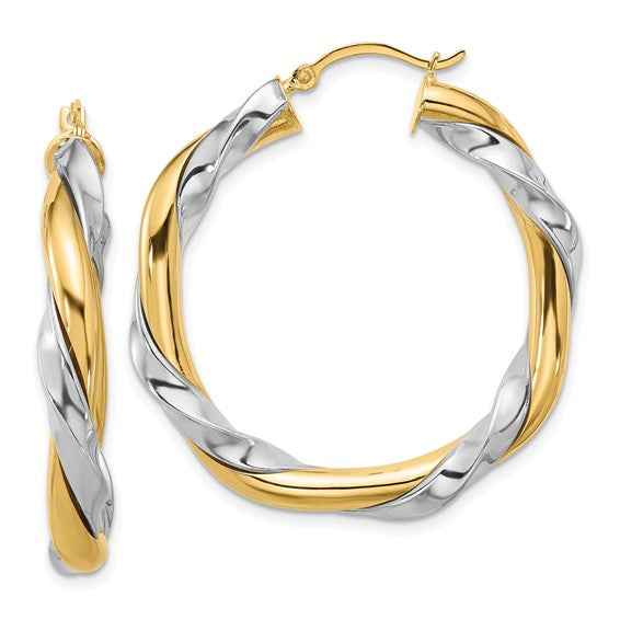 14kt Yellow Gold w/White Rhodium Twisted Hoop Earrings