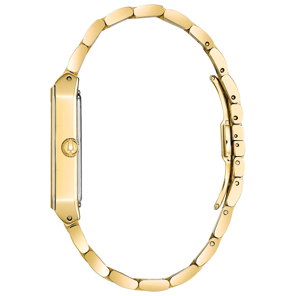Men's Bulova Futuro Quadra Diamond Accent Gold-Tone Watch with Rectangular Champagne Dial (Model: 97D120)