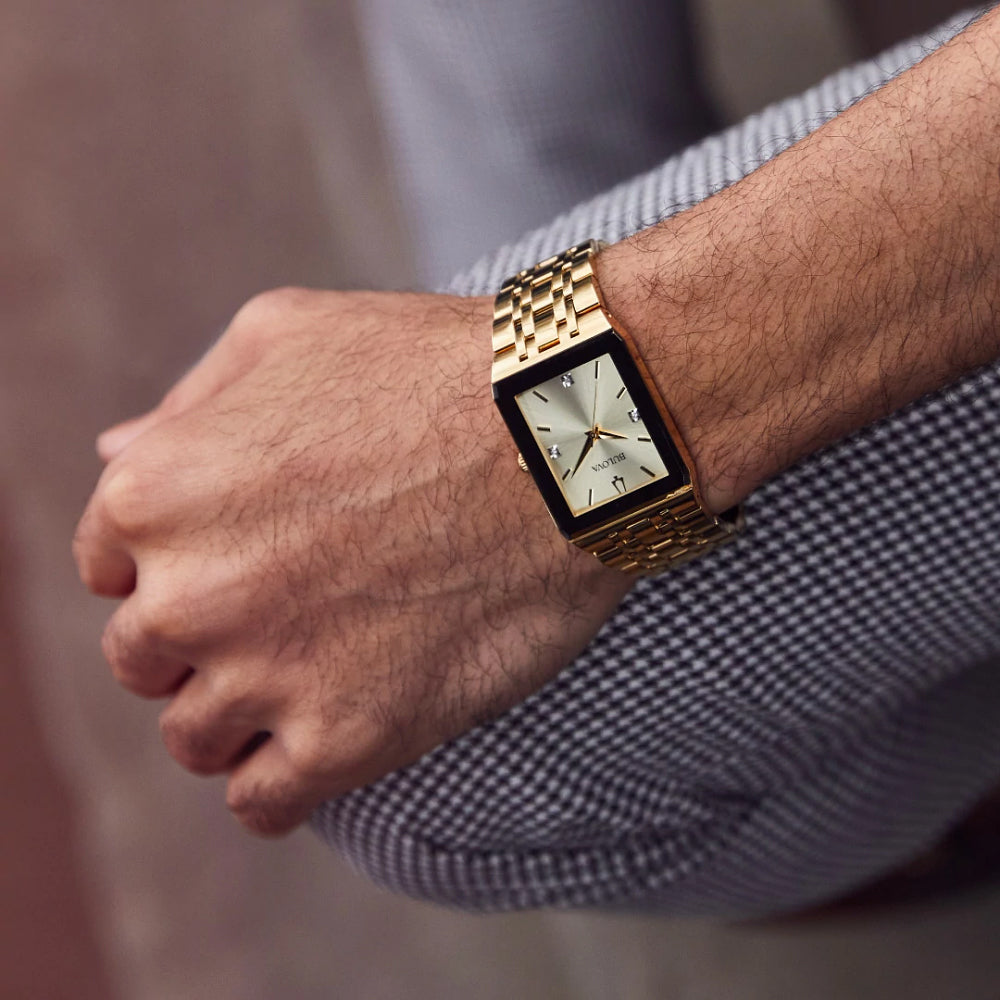 Men's Bulova Futuro Quadra Diamond Accent Gold-Tone Watch with Rectangular Champagne Dial (Model: 97D120)