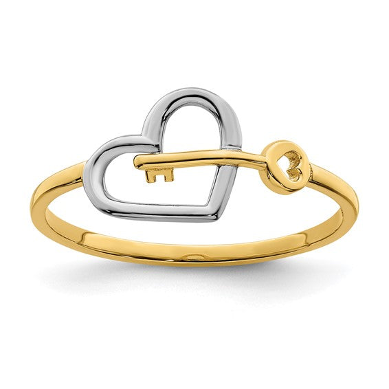 14kt Yellow Gold w/Rhodium Heart and Key Ring