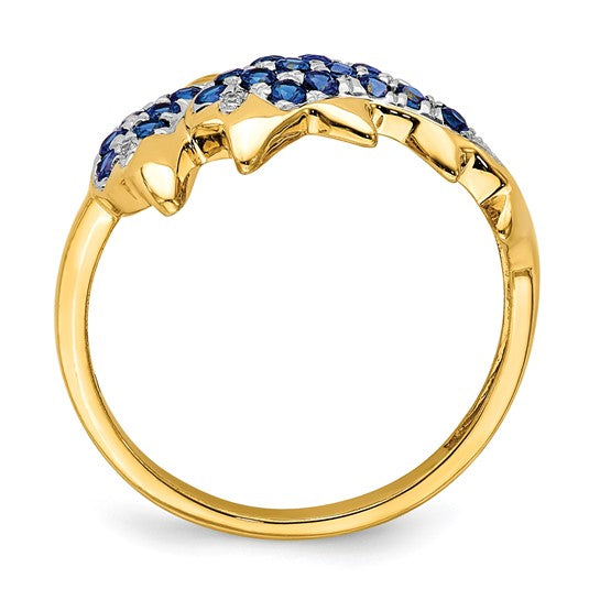 14kt Yellow Gold w/ Rhodium Diamond and Sapphire Dolphins Ring