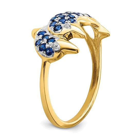 14kt Yellow Gold w/ Rhodium Diamond and Sapphire Dolphins Ring