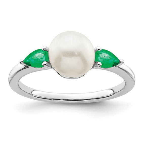 14kt White Gold FWC Pearl and Emerald Ring