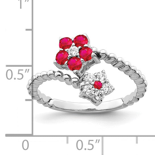 14kt White Gold Polished Ruby and Diamond Floral Ring