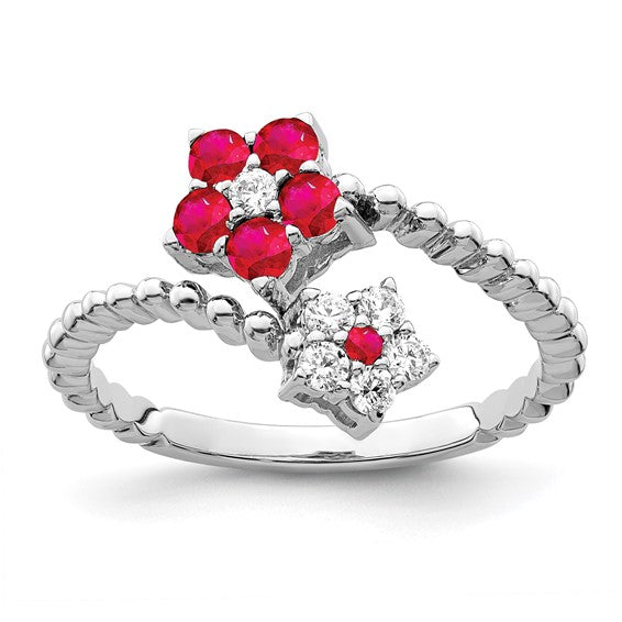 14kt White Gold Polished Ruby and Diamond Floral Ring