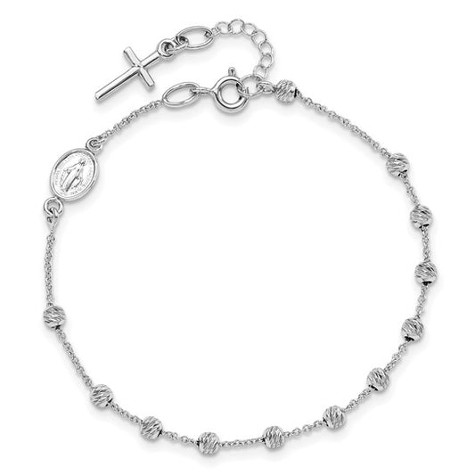 14kt White Gold D/C Cross and Miraculous Medal .75in ext. Bracelet
