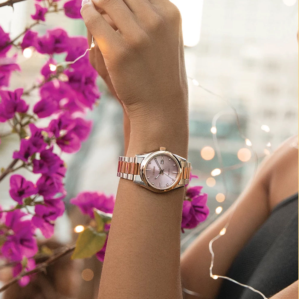 Ladies' Citizen Eco-Drive® Diamond Accent Rose Two-Tone Watch with Pink Dial (Model: EW2706-58X)