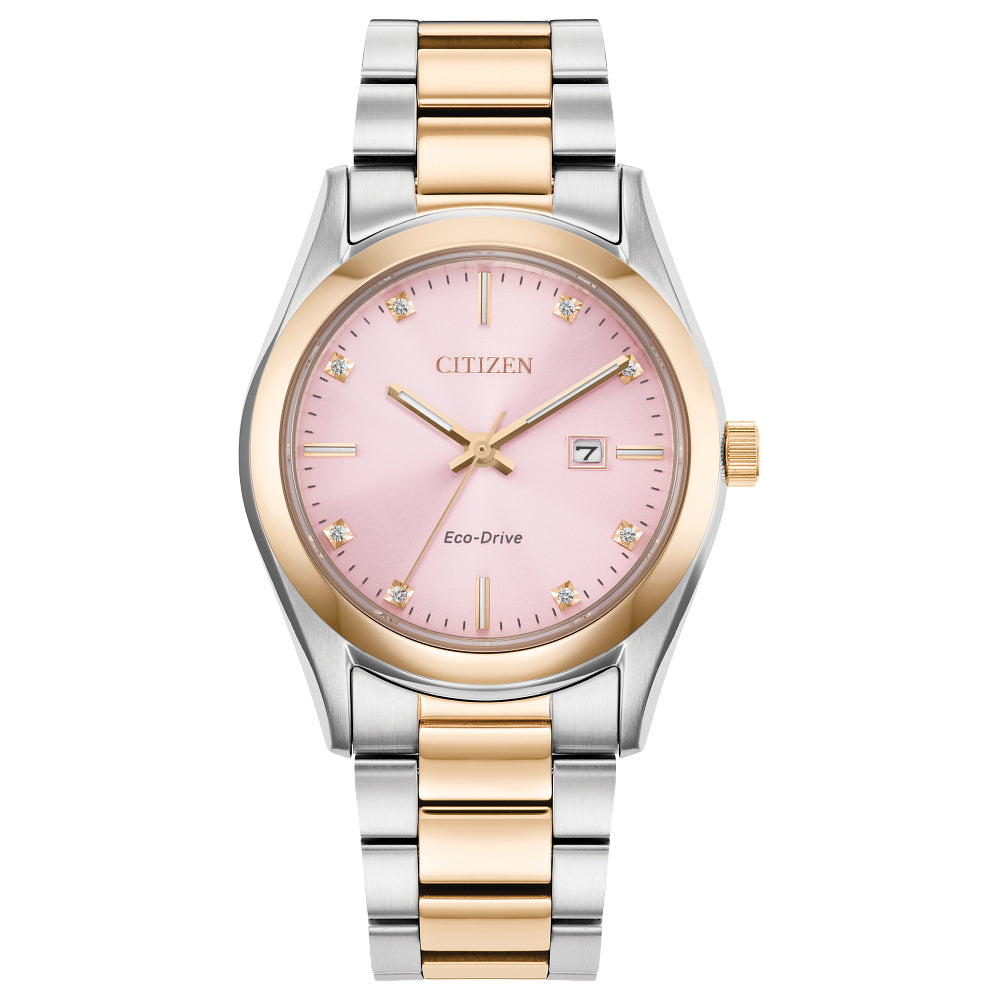 Ladies' Citizen Eco-Drive® Diamond Accent Rose Two-Tone Watch with Pink Dial (Model: EW2706-58X)