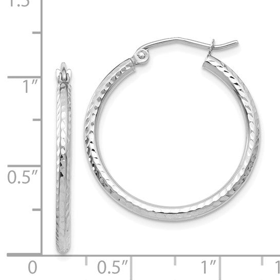 14kt White Gold Diamond-cut 2mm Round Tube Hoop Earrings