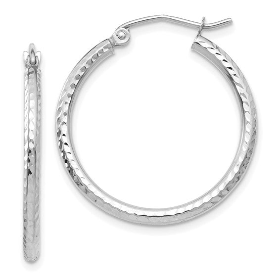 14kt White Gold Diamond-cut 2mm Round Tube Hoop Earrings