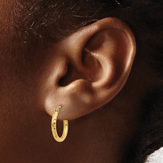 14kt 2x15mm Diamond-cut Round Tube Hoop Earrings