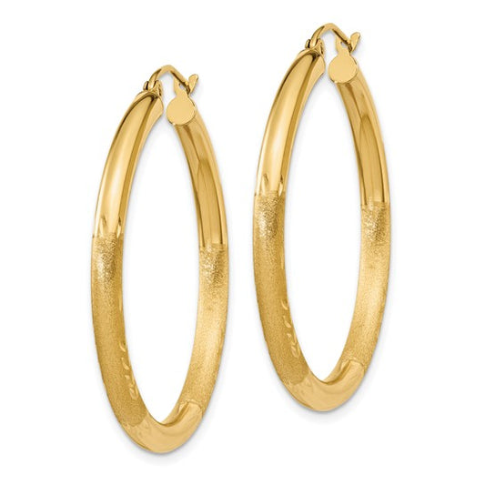 14kt Yellow Gold Satin and Diamond-cut 3mm Round Hoop Earrings