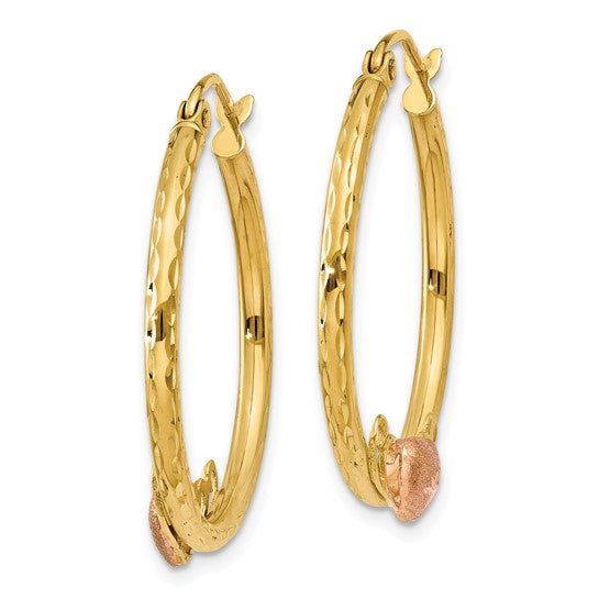 14KT Two Tone & Rose Heart D/C Hoop Earrings