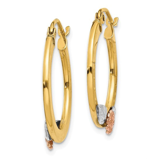 14KT Two Tone Yellow & Rose Gold w/ Rhodium Diamond Cut Flower Hoop Earrings