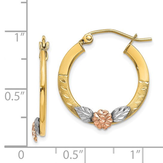 14KT Two Tone Yellow & Rose Gold w/ Rhodium Diamond Cut Flower Hoop Earrings