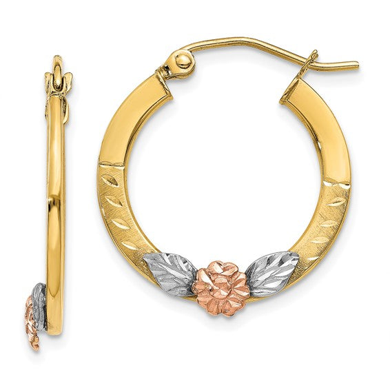 14KT Two Tone Yellow & Rose Gold w/ Rhodium Diamond Cut Flower Hoop Earrings