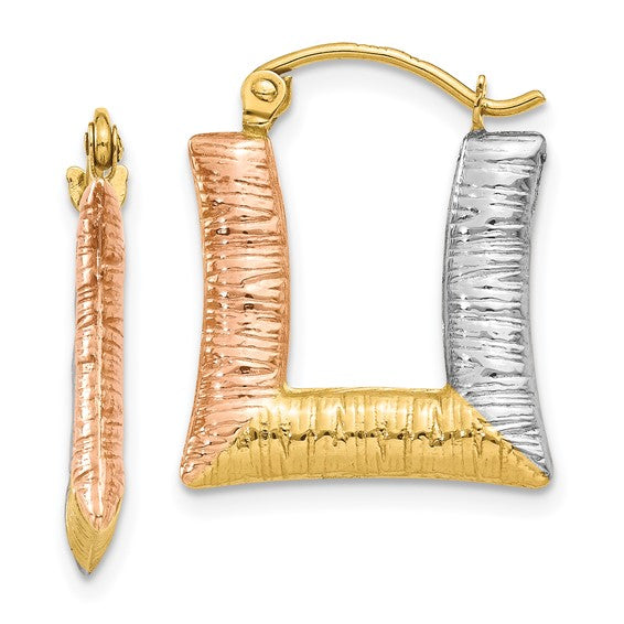 14KT & White & Rose Rhodium Hollow Textured Square Hoop Earrings