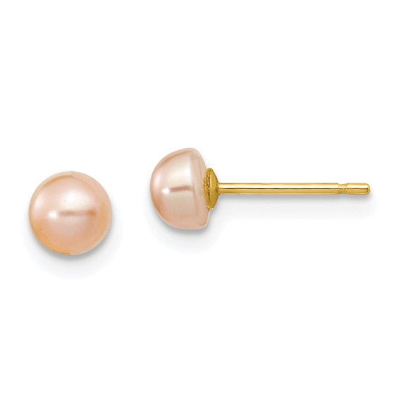 14kt Yellow Gold 4-5mm Pink Freshwater Cultured Button Pearl Stud Post Earrings