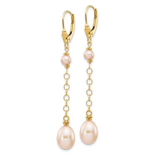 14kt Yellow Gold 5-8mm Pink Rice and Semi-Round Freshwater Cultured Pearl Dangle Leverback Earrings