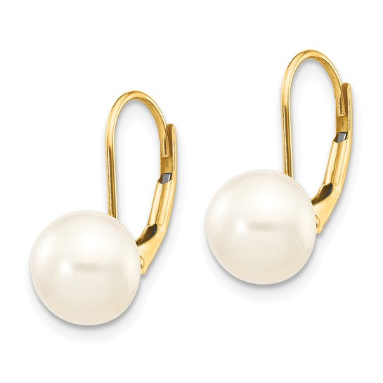 14kt Yellow Gold 8-9mm White Button Freshwater Cultured Pearl Leverback Earrings