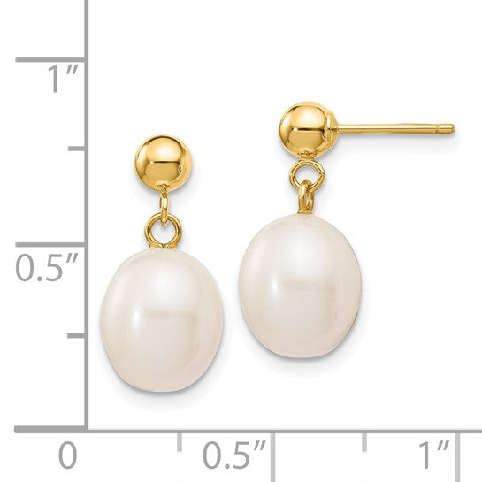 14kt Yellow Gold 7-8mm White Rice Freshwater Cultured Pearl Post Dangle Earrings